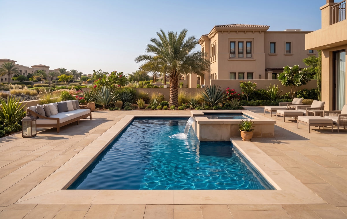 Modern Rectangular Outdoor Pool with Raised Spa and Waterfall