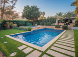Modern Geometric Outdoor Pool with Raised Spa and Turf Walkway