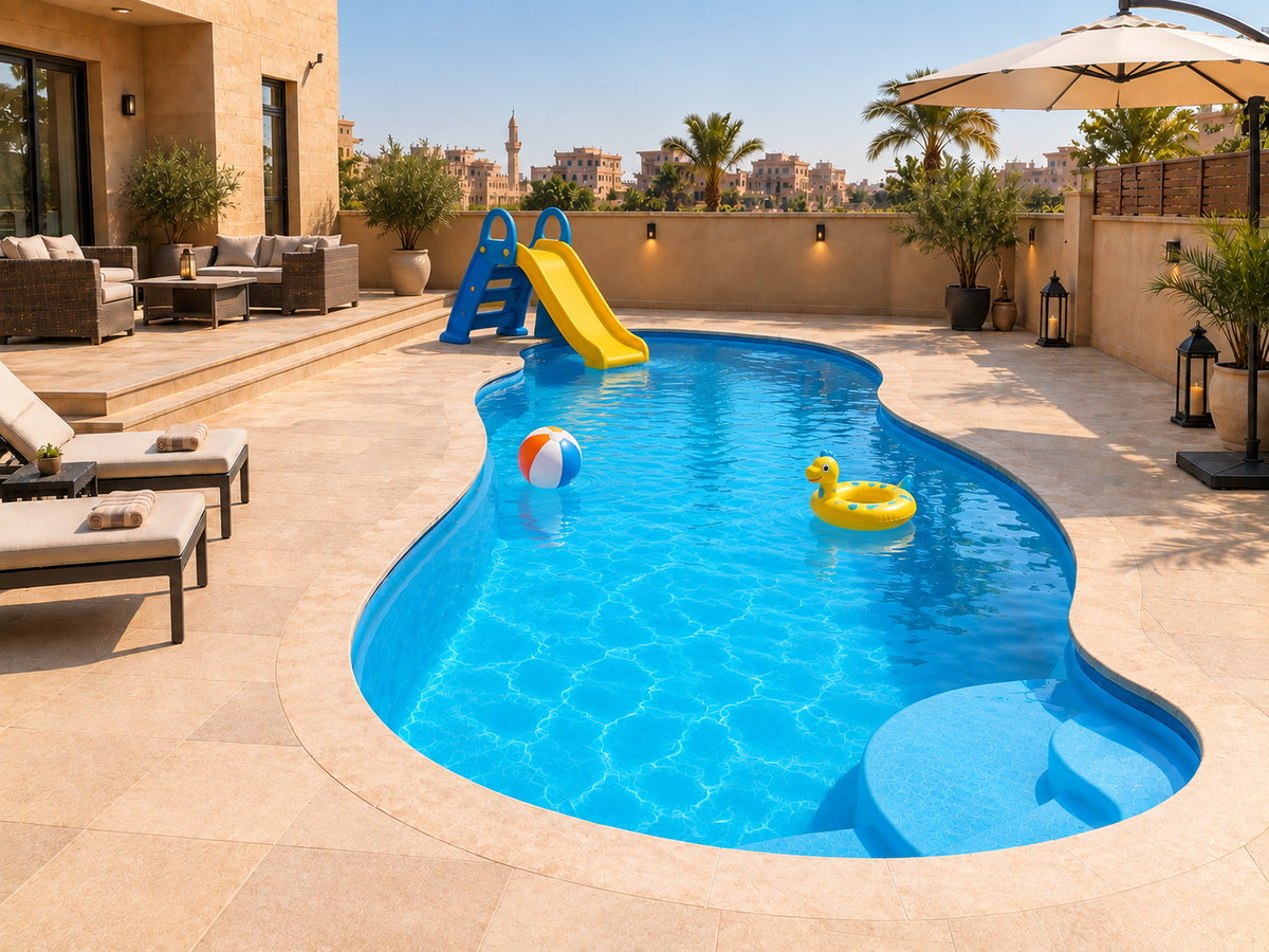 Freeform Fiberglass Pool with Integrated Steps