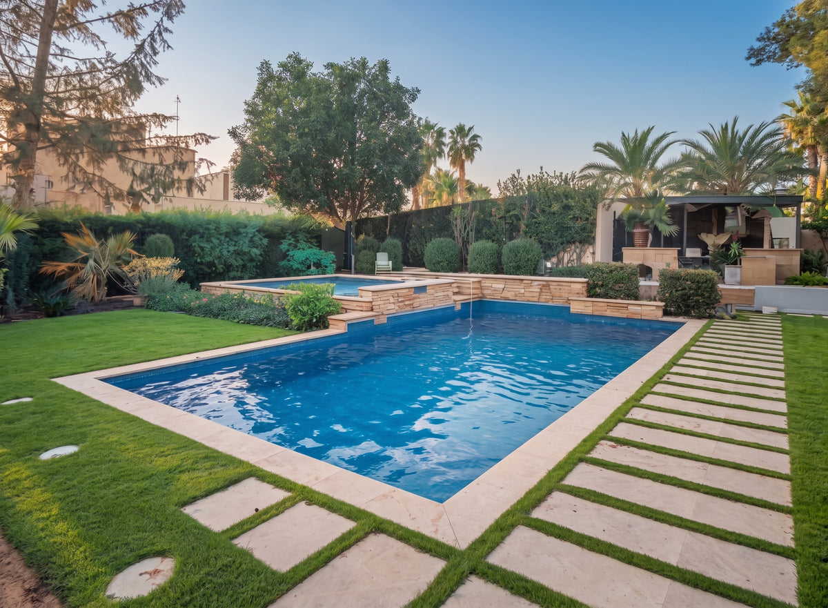 Modern Geometric Outdoor Pool with Raised Spa and Turf Walkway