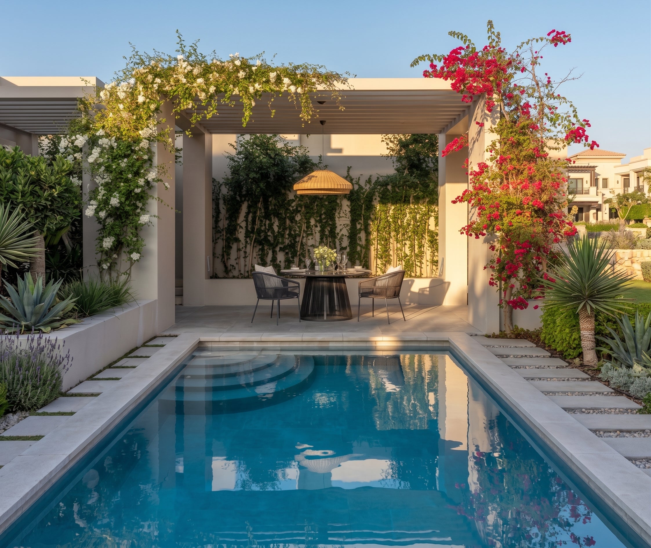 Modern Rectangular Outdoor Pool with Curved Steps and Jacuzzi