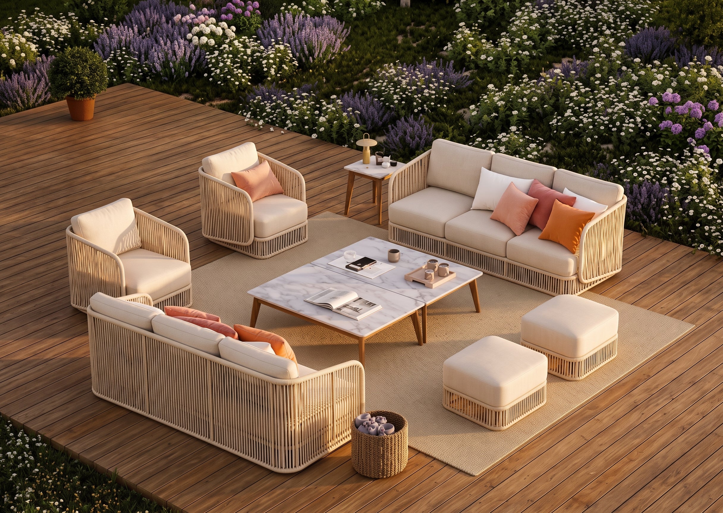Outdoor Woven Rope Patio Set with Sofas and Armchairs