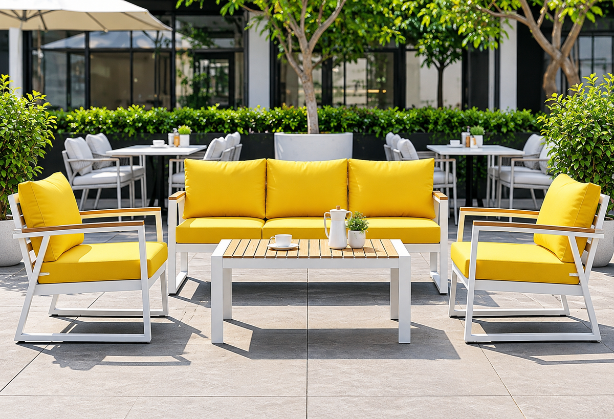 Modern Outdoor Garden Set with Three Seater Sofa, Two Armchairs & Table