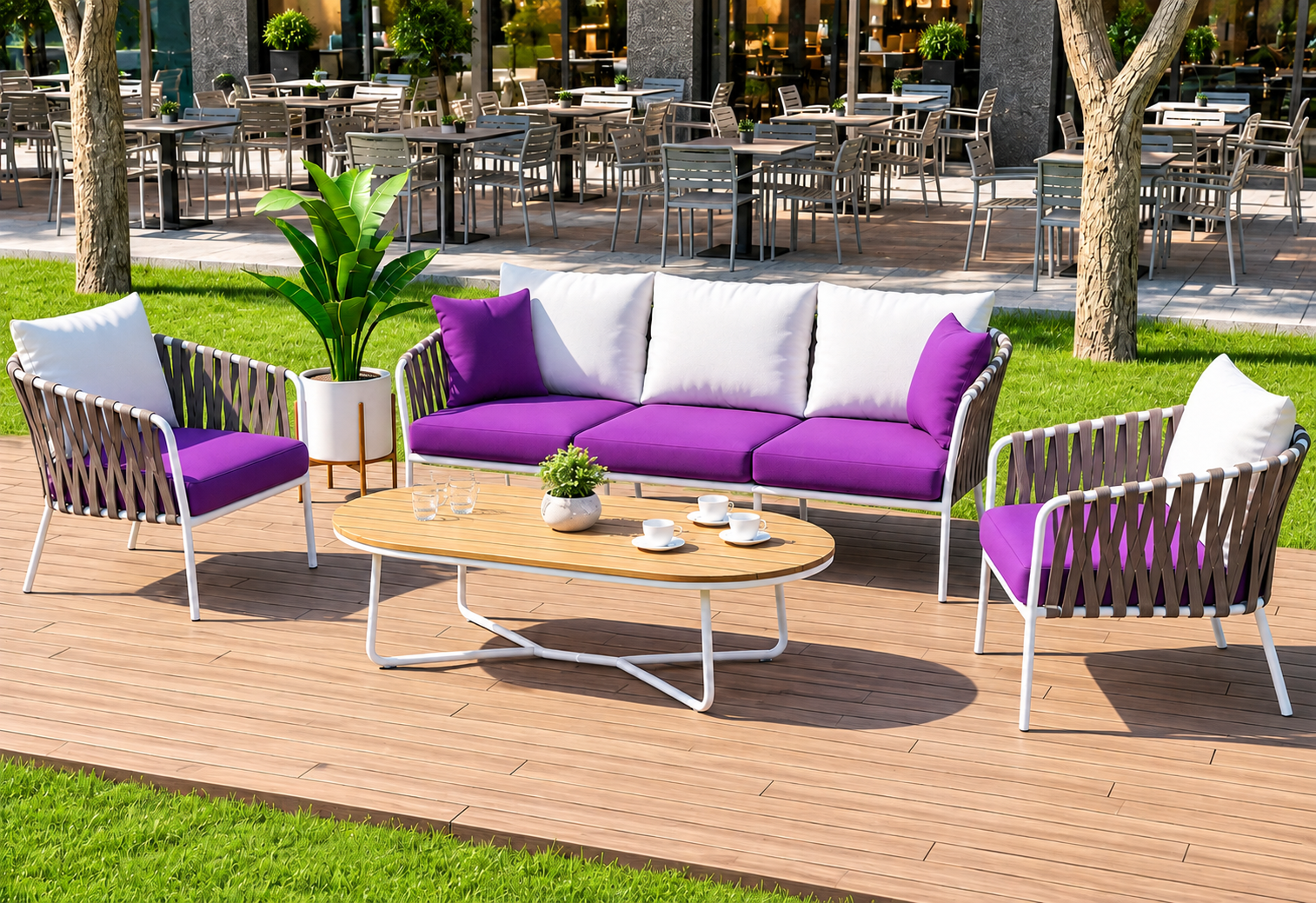 Modern Outdoor Garden Sofa Set with Three Seater Sofa, Two Armchairs and a Table
