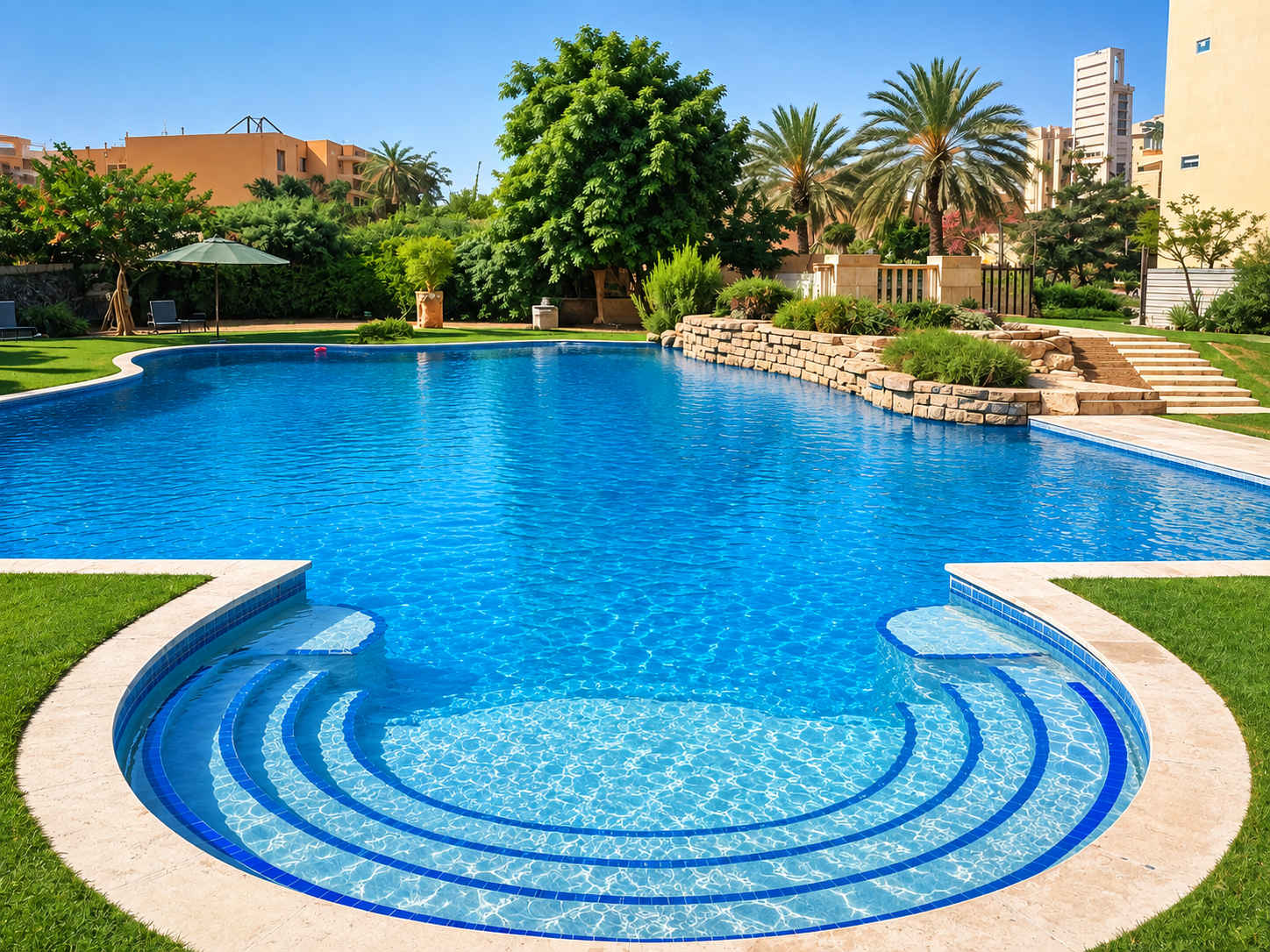 Luxury Outdoor Swimming Pool with Curved Blue-Tiled Steps