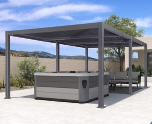 purple leaf adjustable aluminum patio canopy over outdoor seating