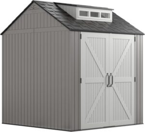 front view of rubbermaid 7x7 resin outdoor storage shed with double doors