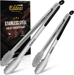 eddeas stainless steel bbq tongs held over outdoor grill