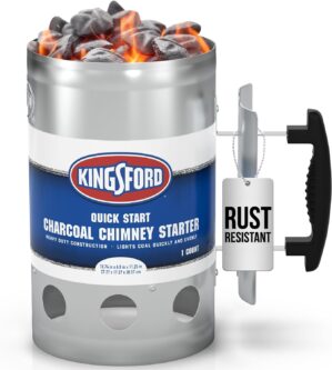kingsford charcoal chimney starter filled with charcoal on