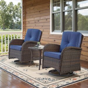 Belord Outdoor Swivel Rocker Set — 2 Wicker Chairs + Rattan Side Table (Brown/Blue)
