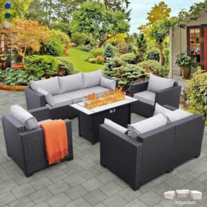 Rattaner 5-piece outdoor patio furniture set with fire pit table in light grey