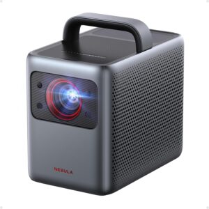 nebula portable outdoor projector on table for backyard movie