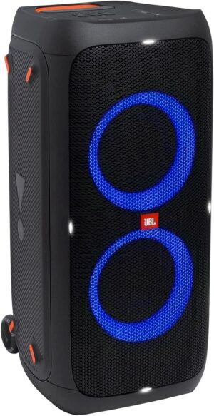 jbl partybox 310 close-up front view with party lights on
