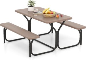 wood-like outdoor picnic table with benches