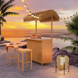 Grand patio outdoor tiki bar set with canopy and stools in garden